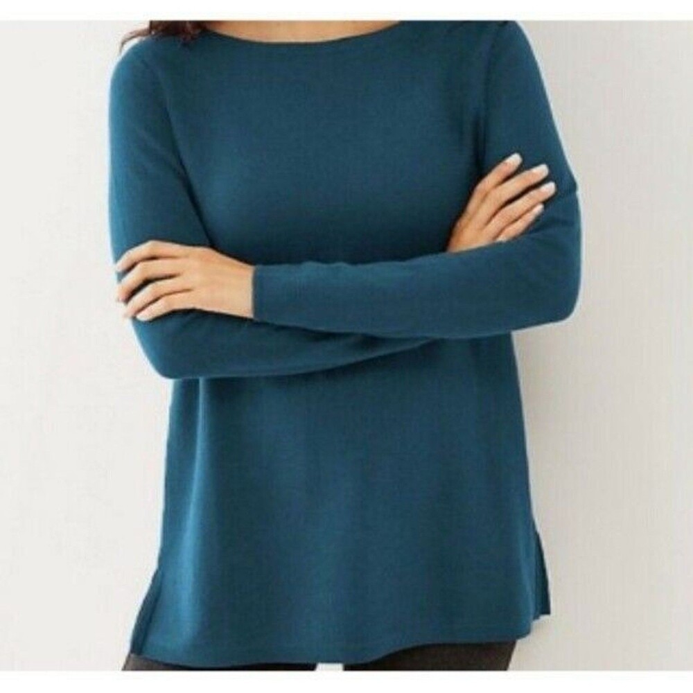 J. Jill Womens XS Olivia Boat Neck Tunic Sweater Top Teal Blue Stretch Cotton